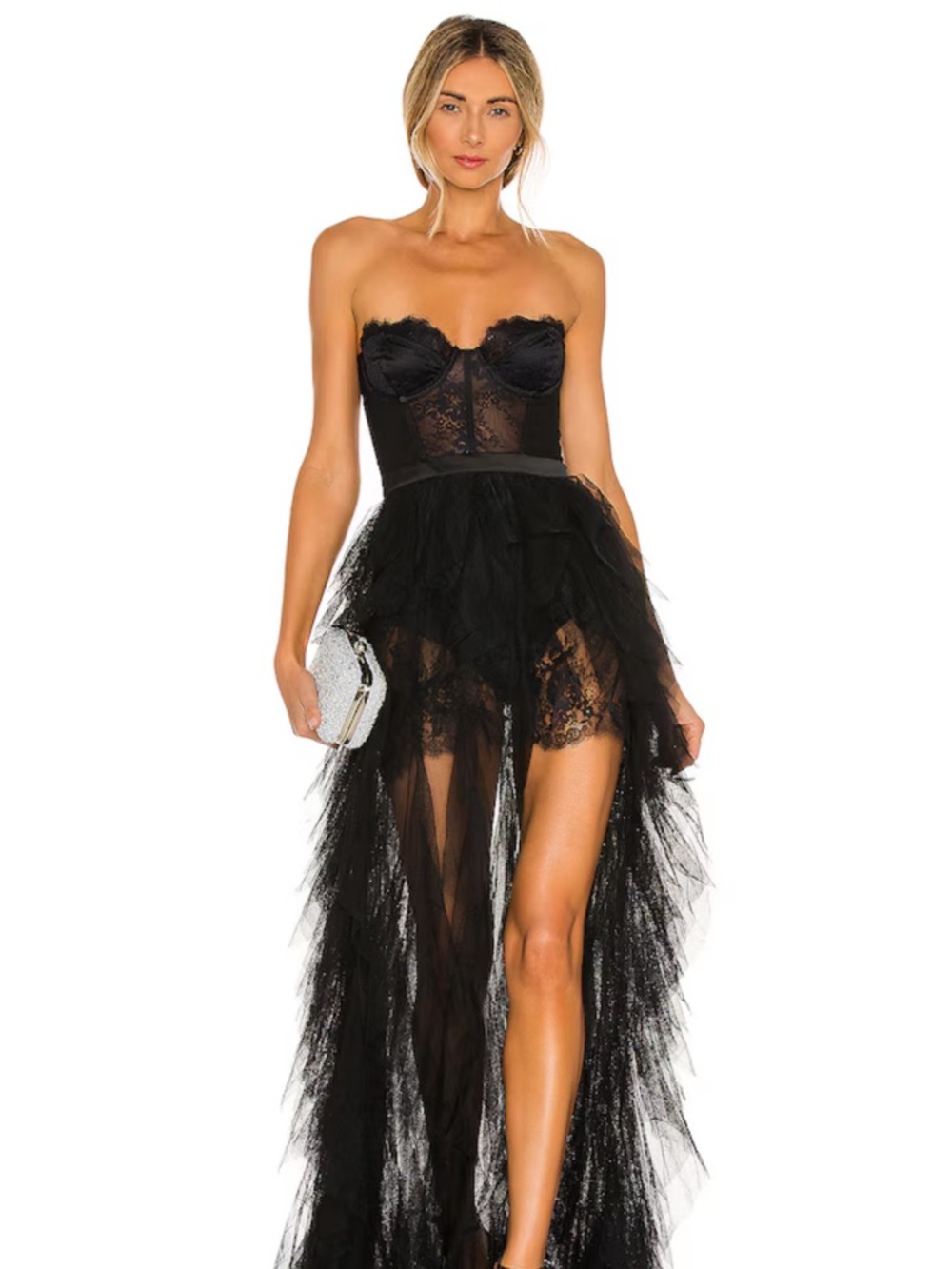 For Love And Lemons Black Strapless Lace High-Low Tulle Gown